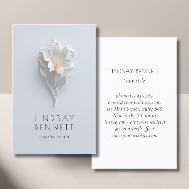 Elegant Minimalist Floral White Blue Business Card (Elegant Minimalist Floral White Blue Business Card)
