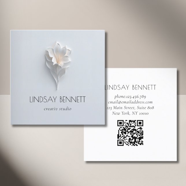 Elegant Minimalist Floral White Blue QR Code Square Business Card (Elegant Minimalist Floral White Blue QR Code Square Business Card)