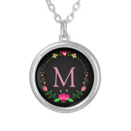 Elegant Minimalist Floral Wreath Monogram Silver Plated Necklace