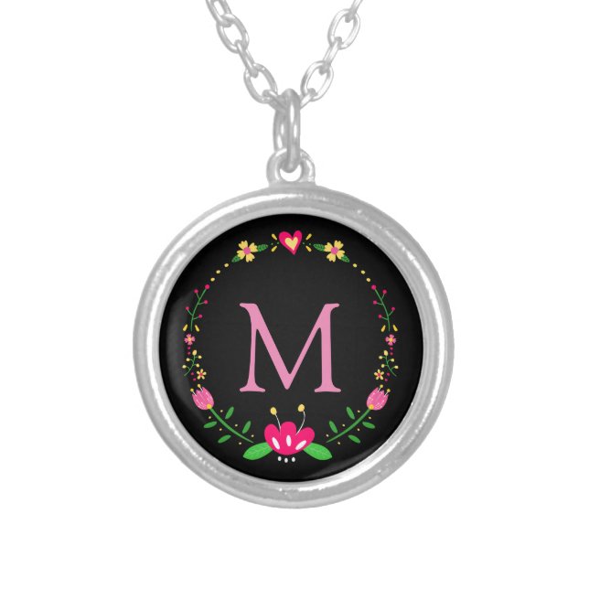 Elegant Minimalist Floral Wreath Monogram Silver Plated Necklace (Front)