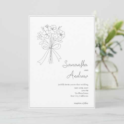 Elegant Minimalist Flower and Bow Wedding Invitation