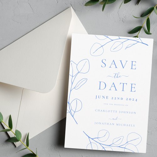 Elegant Minimalist Foliage Blue Wedding Save The Date