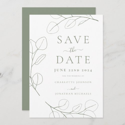 Elegant Minimalist Foliage Sage Green Wedding Save The Date