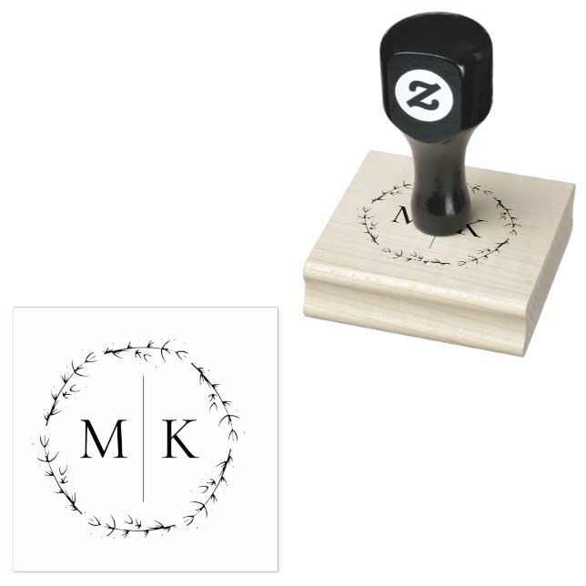 Elegant Minimalist Foliage Wreath Monogram Rubber Stamp (Stamped)