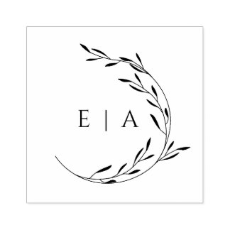 Elegant Minimalist Foliage Wreath Monogram Wood Rubber Stamp