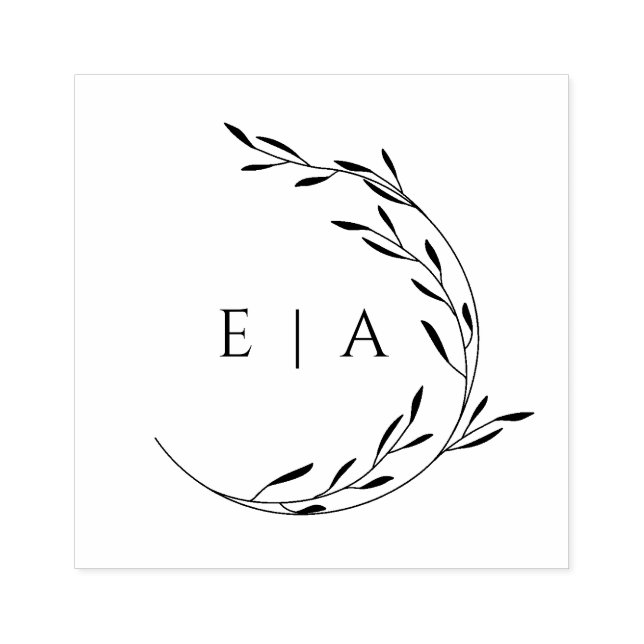 Elegant Minimalist Foliage Wreath Monogram Wood Rubber Stamp (Imprint)