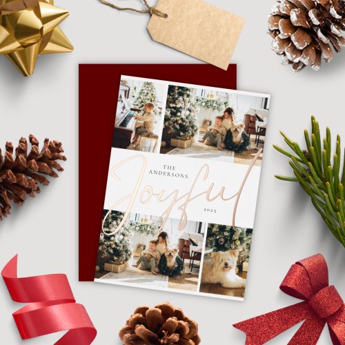 Elegant Minimalist Four Photo Joyful Christmas Foil Holiday Card