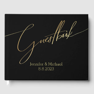 elegant minimalist gold black handwriting wedding guest book