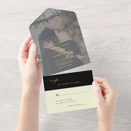 Elegant minimalist gold black photo wedding all in one invitation