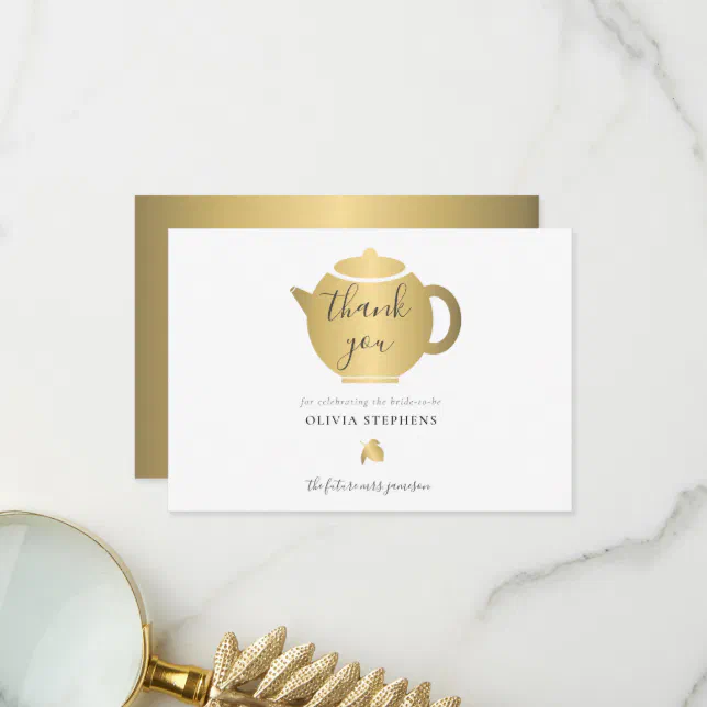 Elegant Minimalist Gold Bridal Shower Tea Party Thank You Card | Zazzle