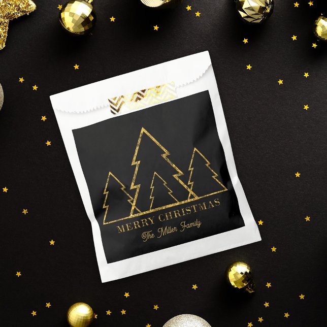 Elegant Minimalist Gold Christmas Trees on Black Favor Bag (Creator Uploaded)
