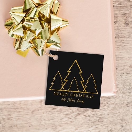 Elegant Minimalist Gold Christmas Trees on Black Favor Tags