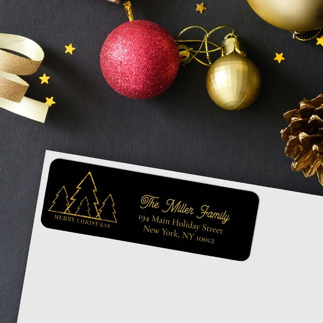 Elegant Minimalist Gold Christmas Trees on Black Label (Creator Uploaded)
