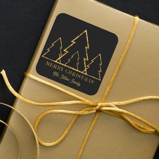 Elegant Minimalist Gold Christmas Trees on Black Square Sticker (Creator Uploaded)