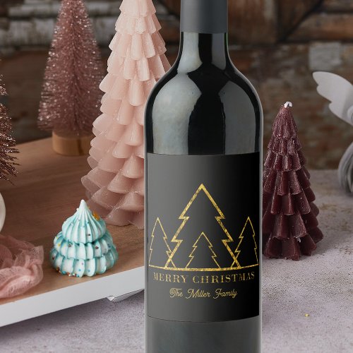 Elegant Minimalist Gold Christmas Trees on Black Wine Label