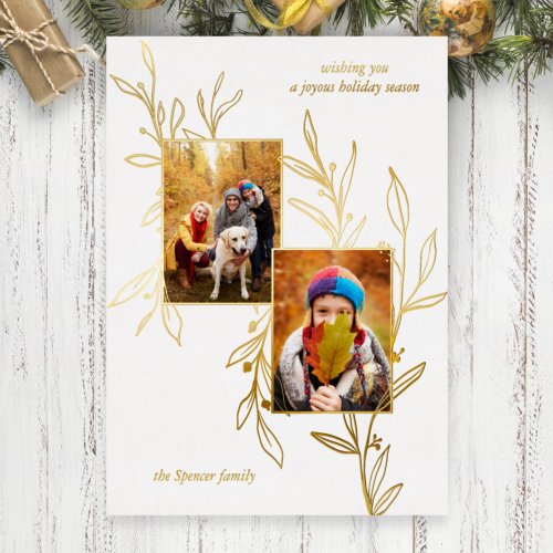 Elegant Minimalist Gold Line Drawn Leaves 2_Photo  Foil Holiday Card
