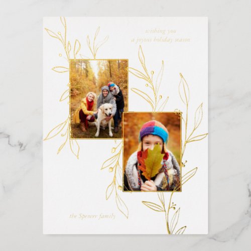 Elegant Minimalist Gold Line Drawn Leaves 2_Photo  Foil Holiday Postcard