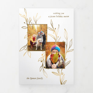 Elegant Minimalist Gold Line Drawn Leaves 2-Photo  Tri-Fold Card