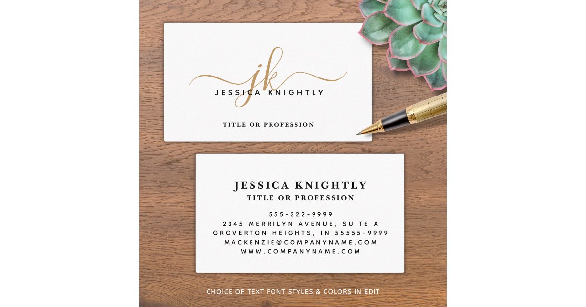 Elegant Minimalist Gold Monogram Script Initials Business Card | Zazzle
