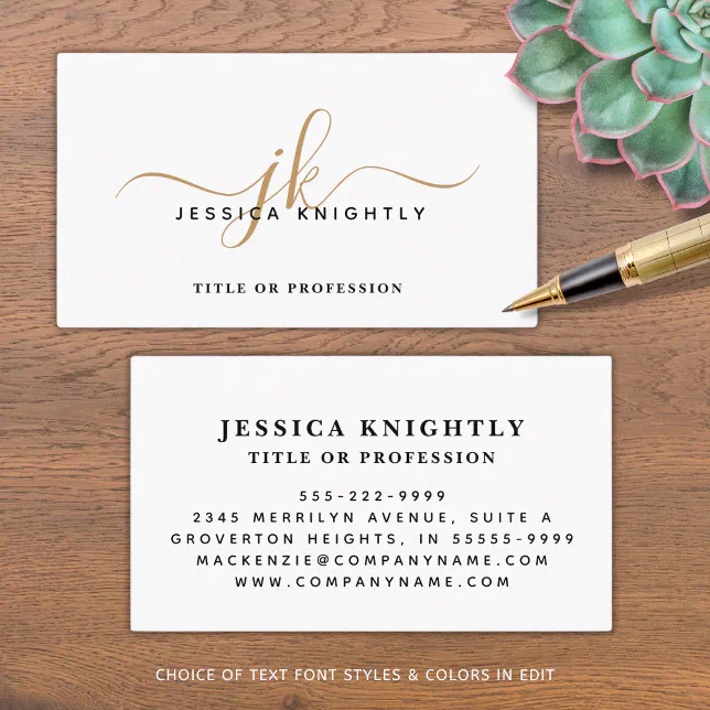Elegant Minimalist Gold Monogram Script Initials Business Card | Zazzle