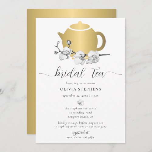 Elegant Minimalist Gold Pot Orchid Tea Bridal Tea Invitation