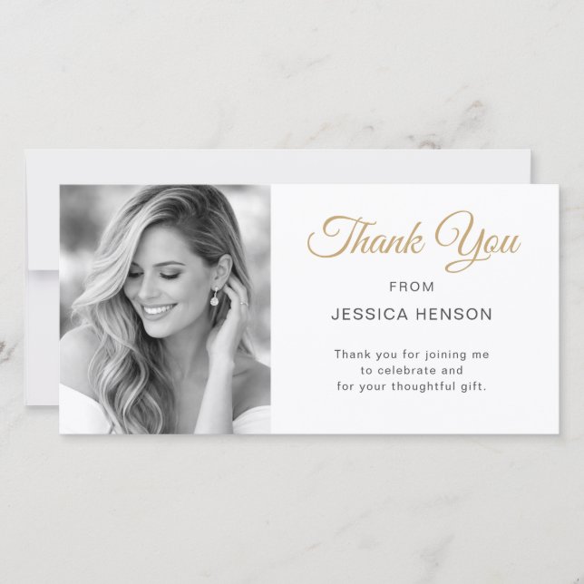 Elegant Minimalist Gold Script Birthday Photo Thank You Card (Front)