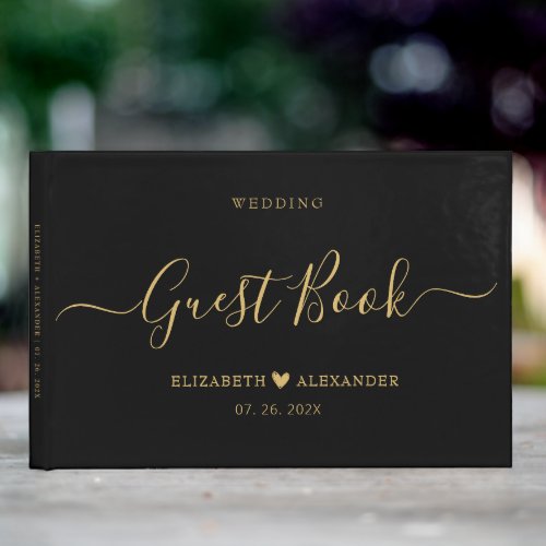 Elegant Minimalist Gold Script Black Wedding  Guest Book