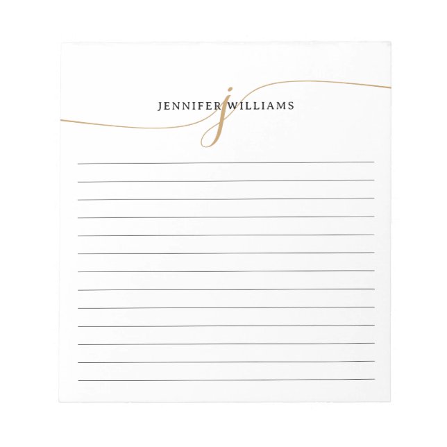 Elegant Minimalist Gold Script Monogram Lined Notepad (Front)