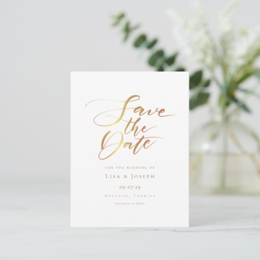 Elegant Minimalist Gold Script Save the Date Postcard | Zazzle