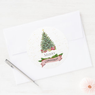 Elegant Minimalist Gold Star Tree Merry Christmas  Classic Round Sticker