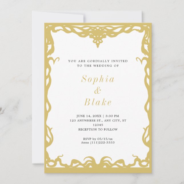 Elegant Minimalist Gold & White Art Deco Wedding Invitation (Front)
