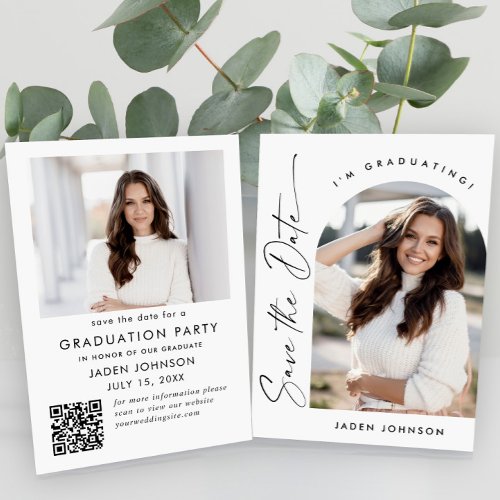 Elegant Minimalist Graduation 2 Photo QR code Save The Date