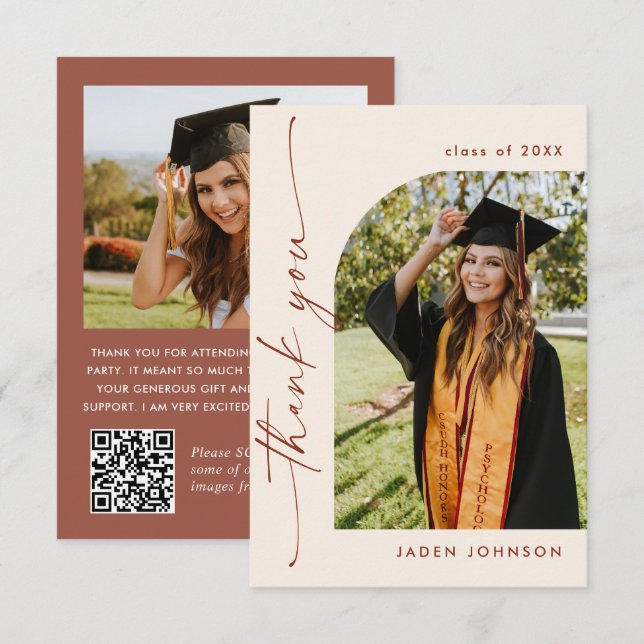 Elegant Minimalist Graduation 2 Photo QR code Thank You Card (Front/Back)