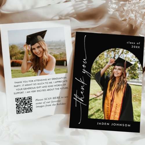 Elegant Minimalist Graduation 2 Photo QR code Thank You Card