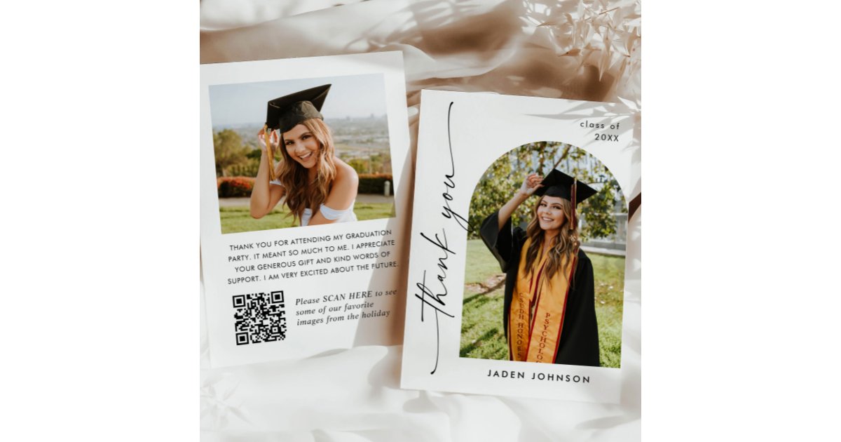 Elegant Minimalist Graduation 2 Photo QR code Thank You Card | Zazzle