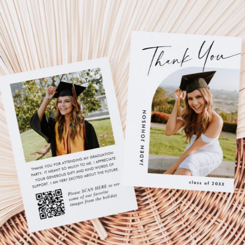 Elegant Minimalist Graduation 2 Photo QR code Thank You Card