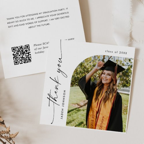 Elegant Minimalist Graduation One Photo QR code Thank You Card