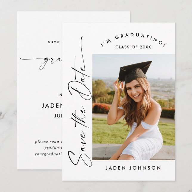 Elegant Minimalist Graduation Party Photo QR code Save The Date (Front/Back)