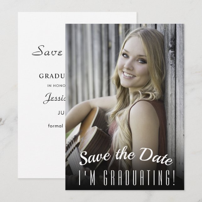 Elegant Minimalist Graduation Party Photo Save The Date (Front/Back)