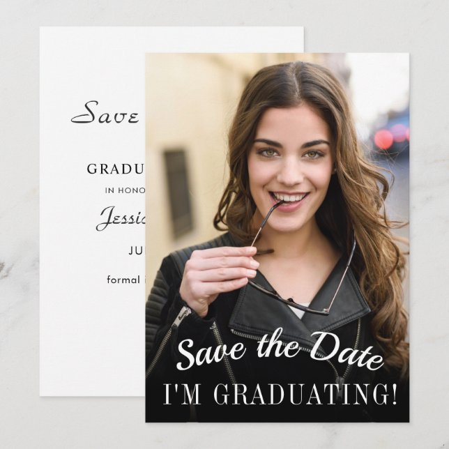 Elegant Minimalist Graduation Party Photo Save The Date (Front/Back)