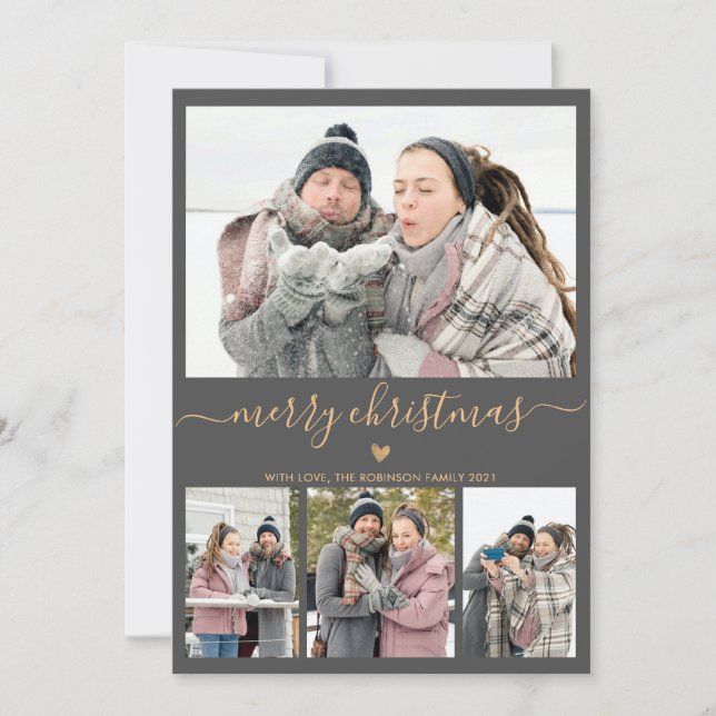 Elegant Minimalist Gray Gold 4 Photo Christmas Holiday Card (Front)