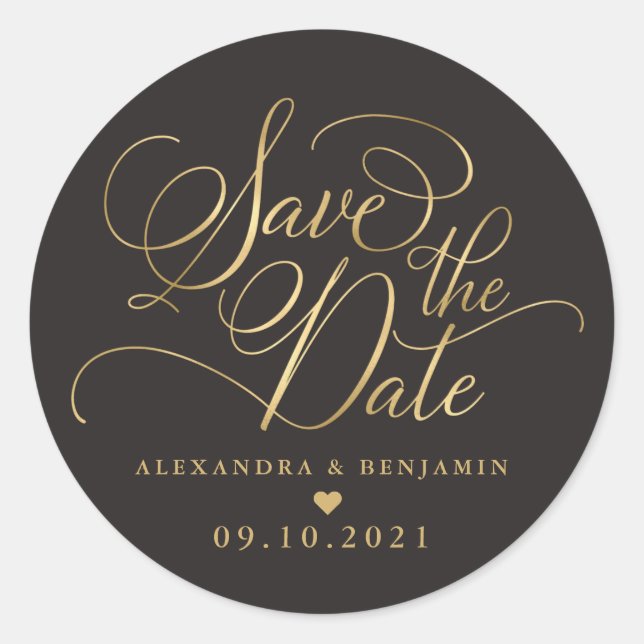 Elegant Minimalist Gray & Gold Wedding Classic Round Sticker (Front)