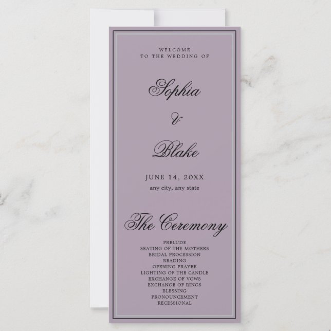 Elegant Minimalist Gray Purple Wedding Program (Front)