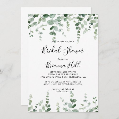 Elegant Minimalist Green Eucalyptus Bridal Shower Invitation