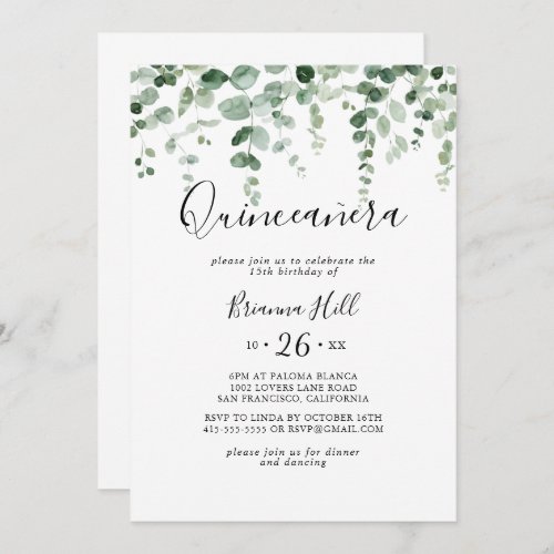 Elegant Minimalist Green Eucalyptus Quinceaera  Invitation