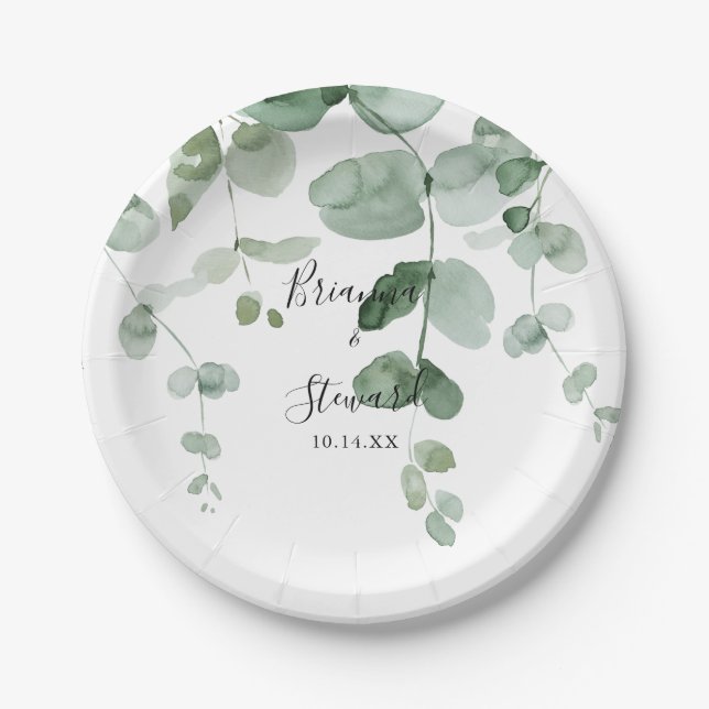 Elegant Minimalist Green Eucalyptus Wedding Cake  Paper Plates (Front)