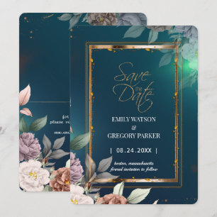 Elegant Minimalist Green Floral Gold Save the Date