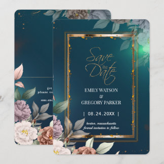 Elegant Minimalist Green Floral Gold Save the Date