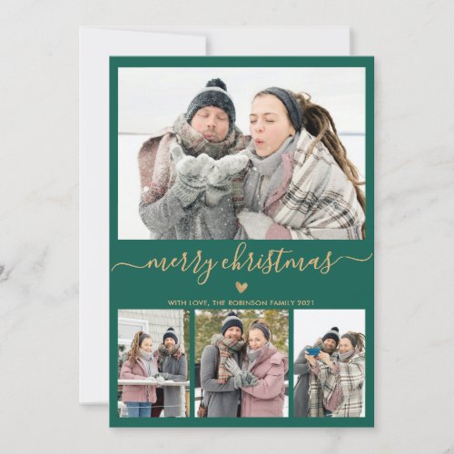 Elegant Minimalist Green Gold 4 Photo Christmas Holiday Card