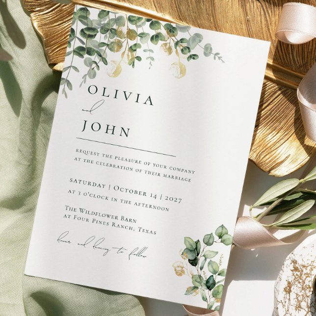 Elegant Minimalist Green Gold Eucalyptus Botanical Invitation (Creator Uploaded)